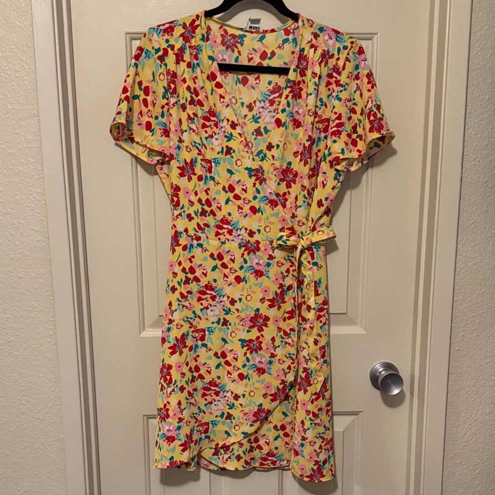 J. Crew Yellow Floral Wrap Midi Dress with Tie Waist